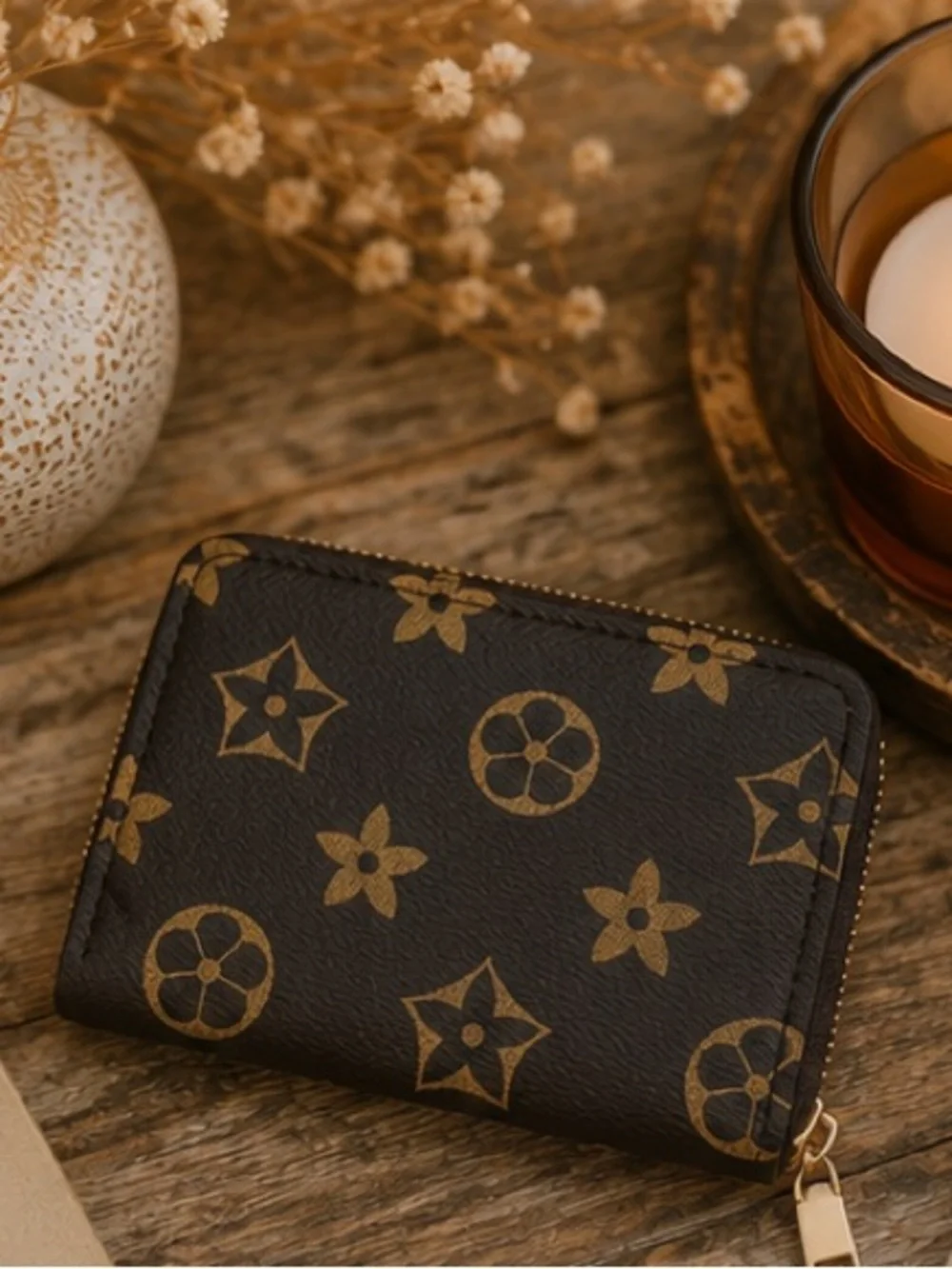 Brown Monogram Zip Wallet | Compact Faux Leather Card Holder|Designer Inspired